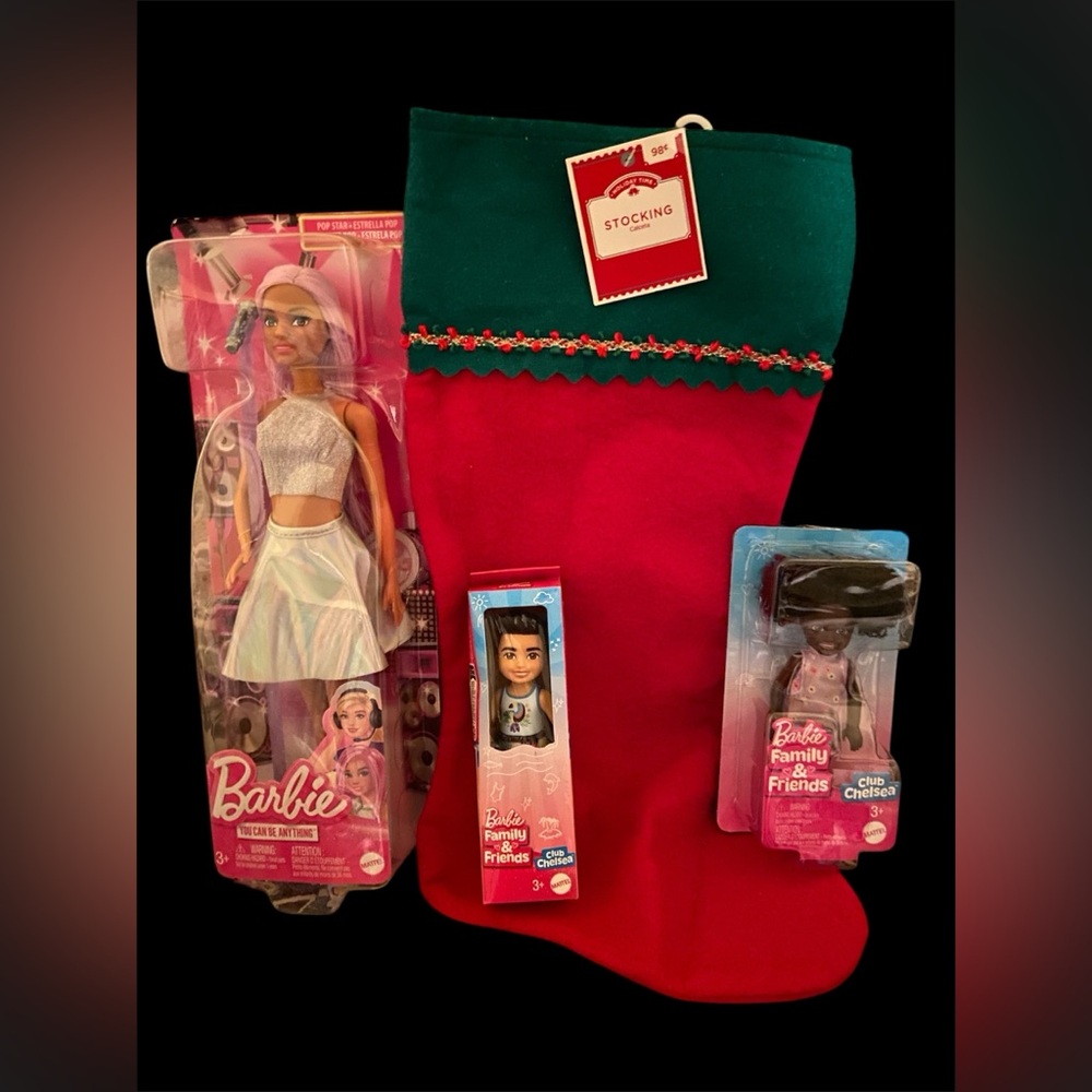 Barbie Doll Set with Pink and Green Stocking